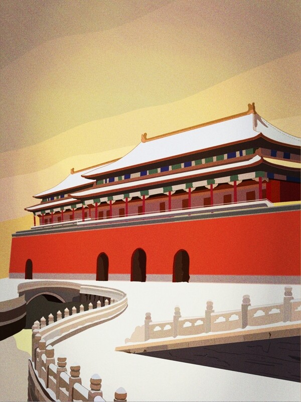 复古写实插画之北京故宫天安门十一月你好