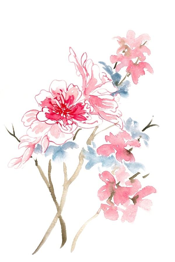 粉红色花朵水彩画PNG免抠素材