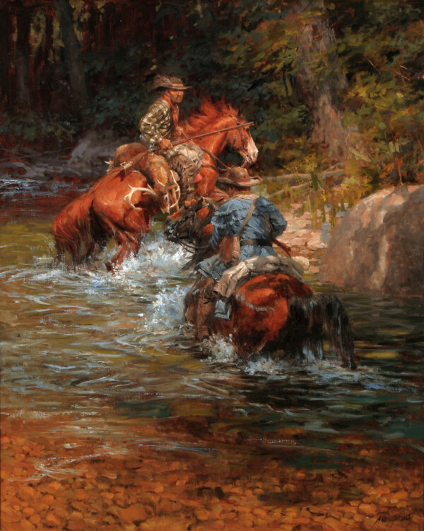 骑马打猎的牛仔油画图片