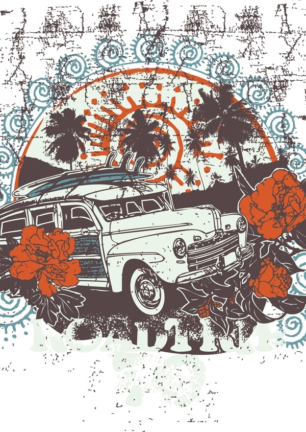 印花矢量圖交通汽車玫瑰花紅色免費素材