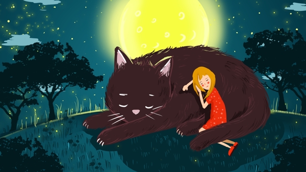 晚安世界躺在猫咪上睡着的女孩治愈插画海报