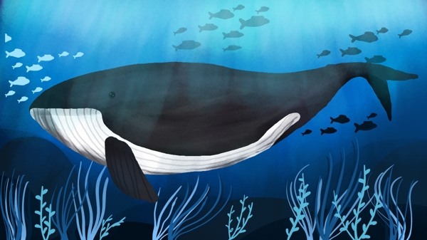 原创深海鲸鱼海底世界海草飘动手绘