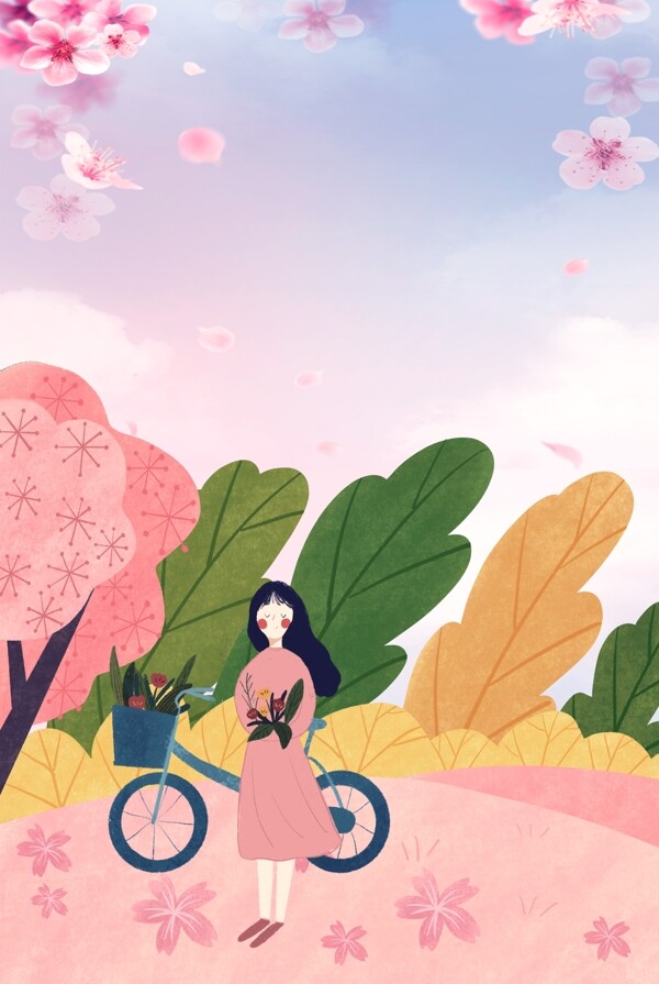 卡通唯美五一假期出游粉色花海海报背景