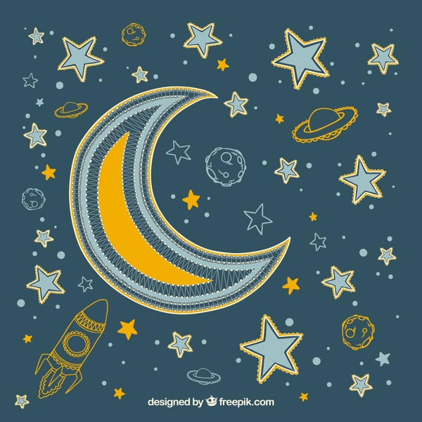 手绘月亮与星星行星装饰图案