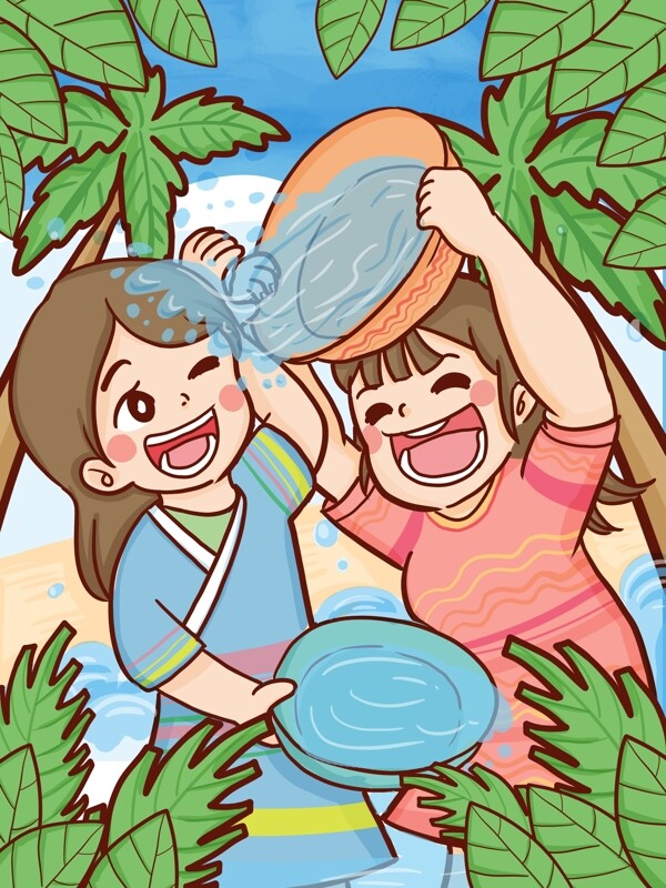 原创彩绘两个女孩泼水节背景设计