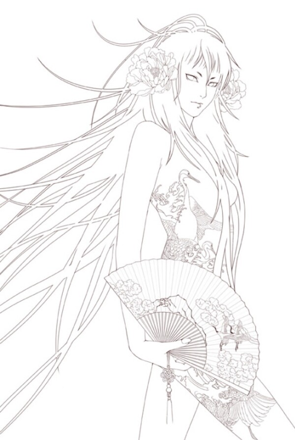 線稿美少女女孩人物白描簡筆畫