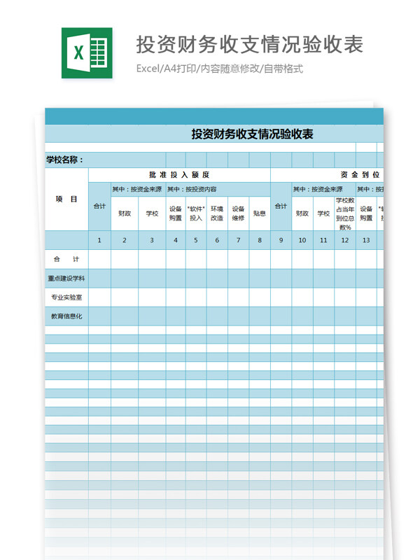 学校投资财务收支情况验收表excel模板