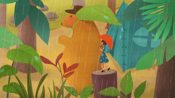 原创插画雨天树林小熊和女孩