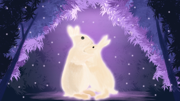 治愈系浪漫七夕情人节拥抱的兔晚安插画海报