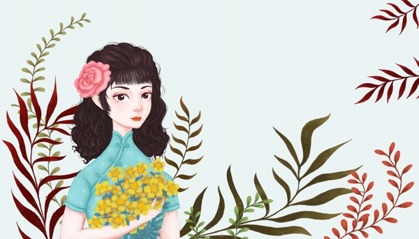 女性桂花传统插画卡通背景素材