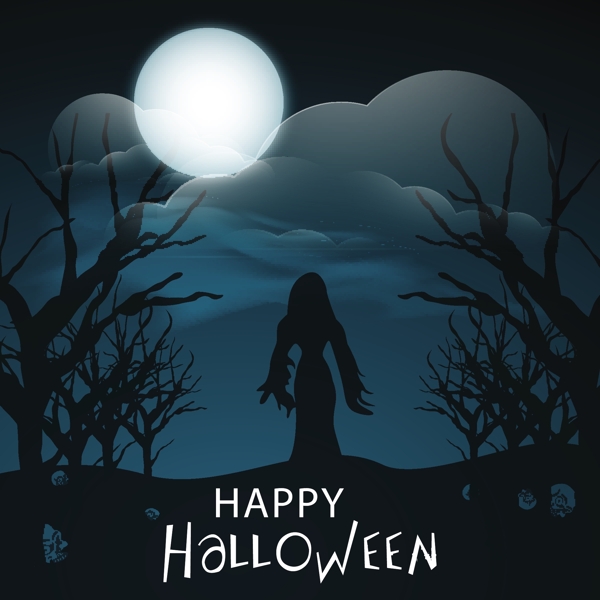 横幅或背景的幽灵般的夜间背景女巫万圣节派对概念剪影