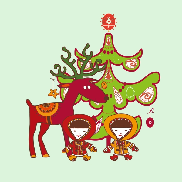 圣诞矢量元素麋鹿圣诞树