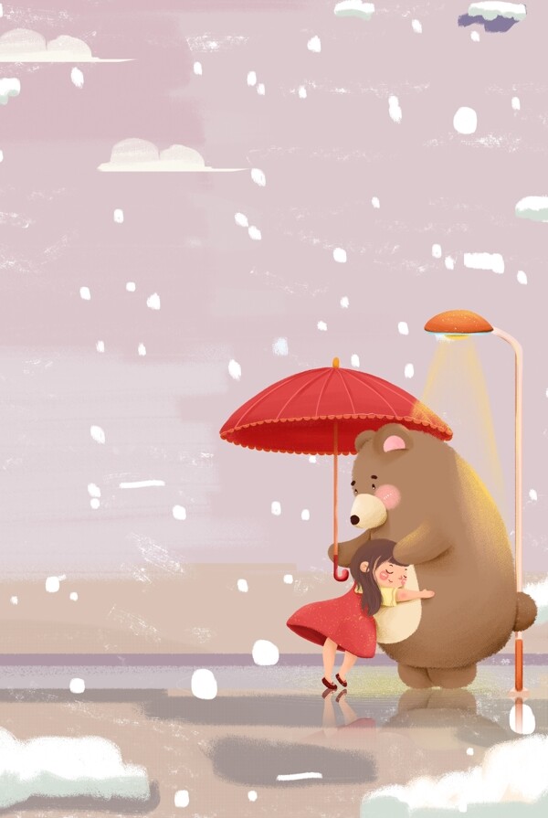 唯美冬日与熊拥抱女孩文字背景