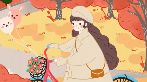 秋天騎自行車的小女孩卡通背景