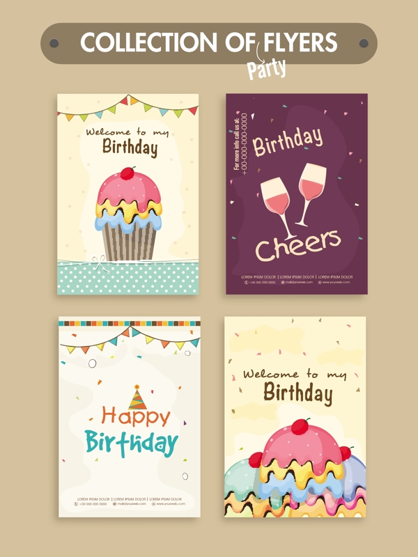 四个生日派对传单邀请卡设计模板素材