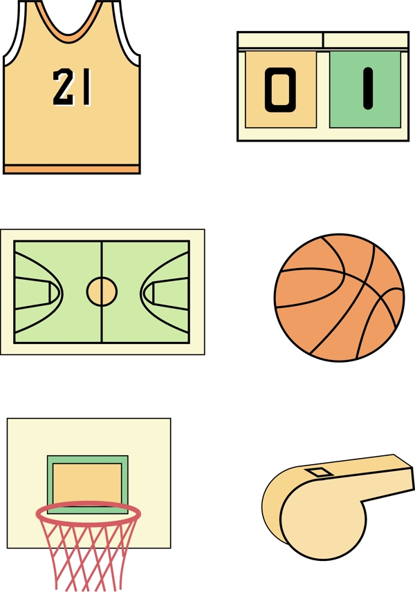 扁平篮球球服健康运动篮框口哨可商用元素