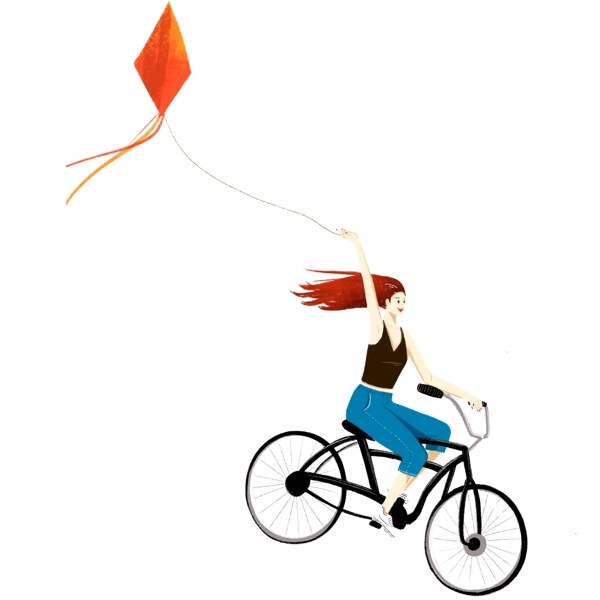 卡通清新踏青骑自行车放风筝的女孩子