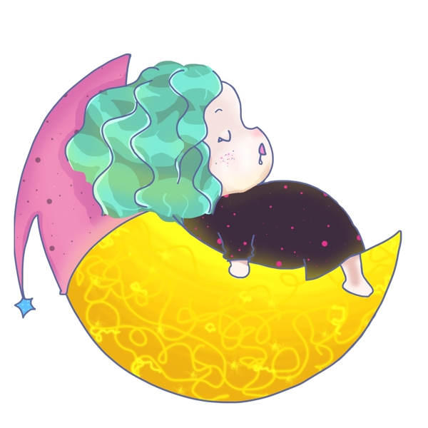 肥胖胖嘟嘟小女孩月亮上睡觉Q版卡通图标