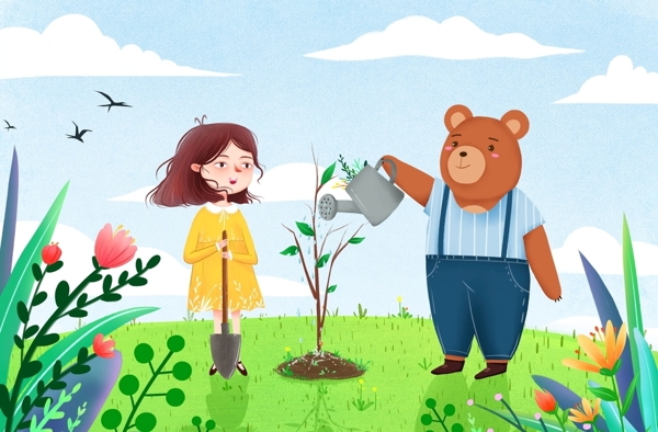 手绘女孩和小熊给树浇水插画
