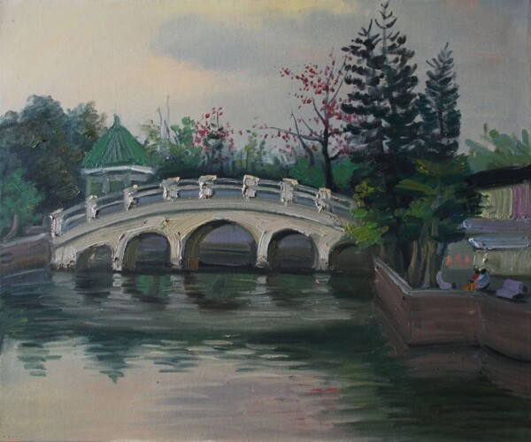 拱橋風景油畫圖片