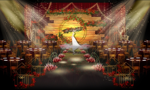 红色复古婚礼舞台效果图