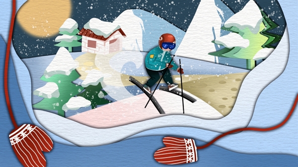 滑雪场景剪纸风夜晚独自运动的男孩插画