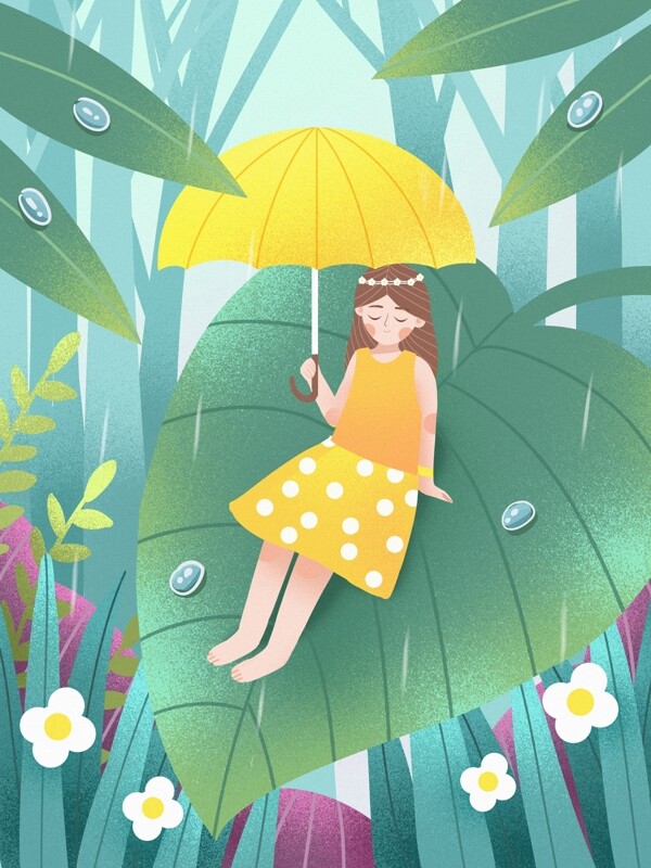 二十四节气谷雨树林里打伞的的女孩插画绘画