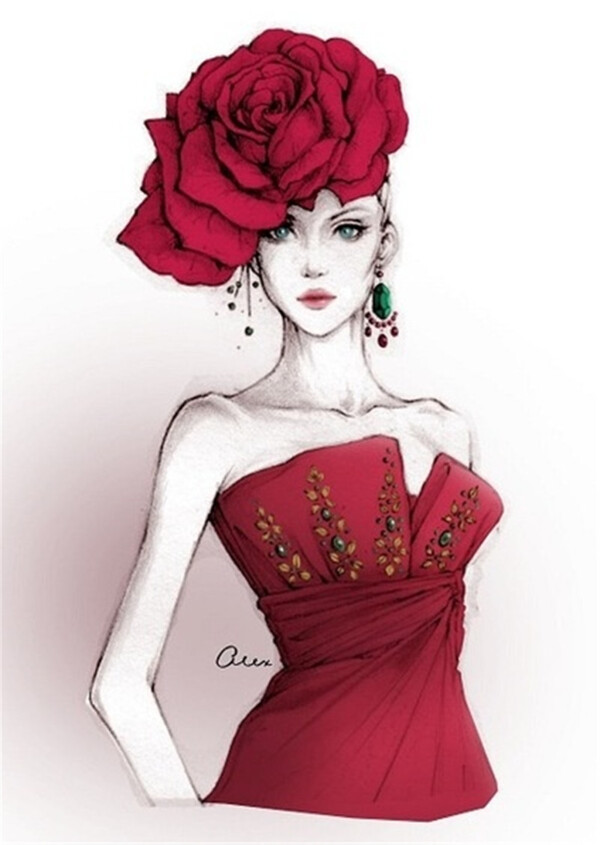 红色花朵礼服设计图