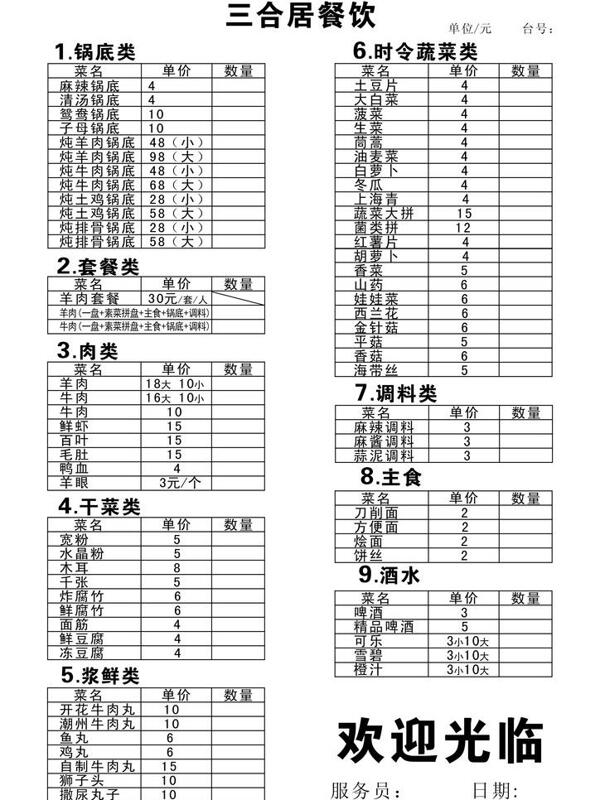 火鍋店菜單圖片
