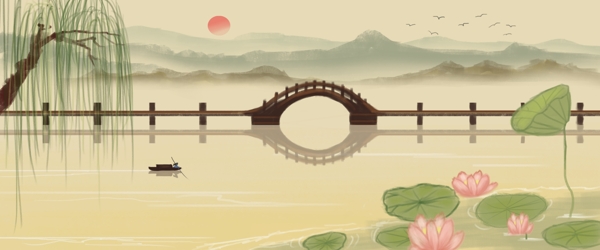 杭州西湖复古中国风山水墨画旅游景点荷花季