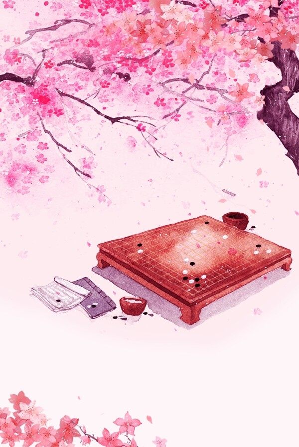 手绘围棋棋盘桃花粉色背景