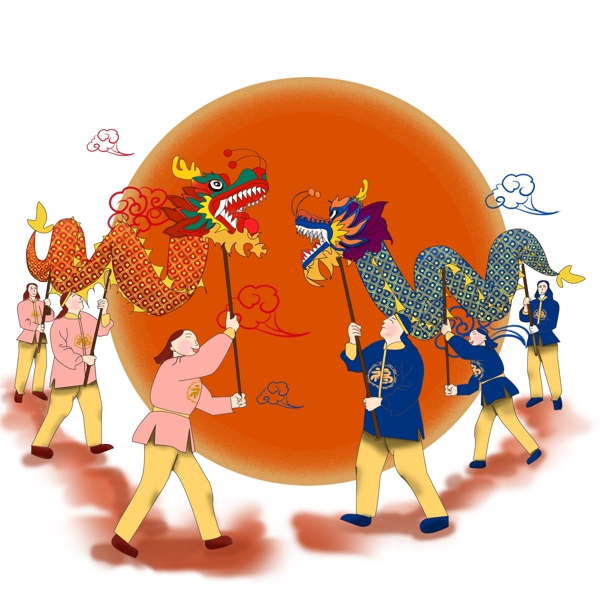 新年双龙戏珠中国风舞龙舞狮人物欢庆元素