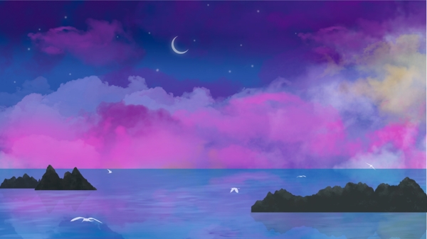 创意细腻写实霓虹天际海边夜景插画