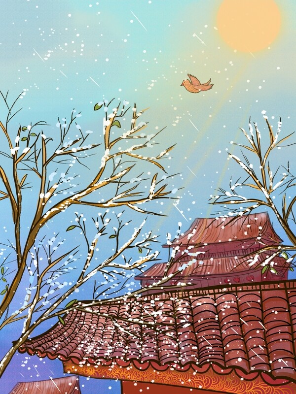 中国风水彩画十二月你好下雪唯美插画