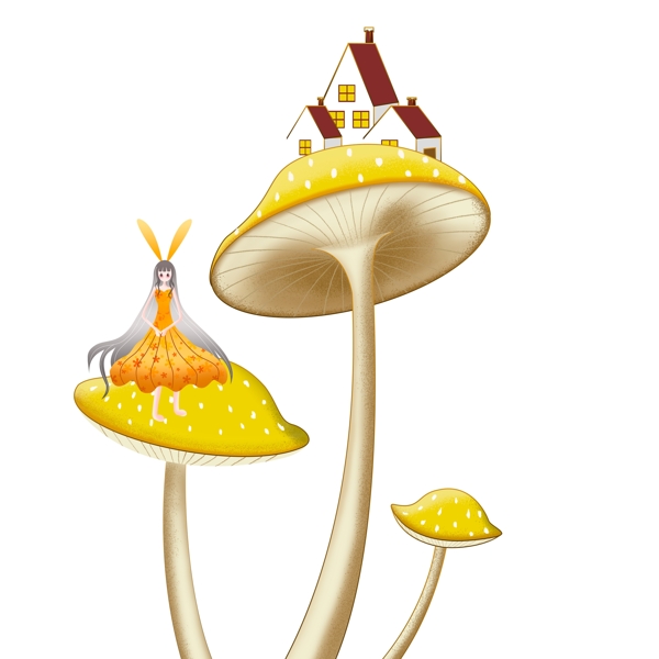 童话风蘑菇上面的房子和女孩