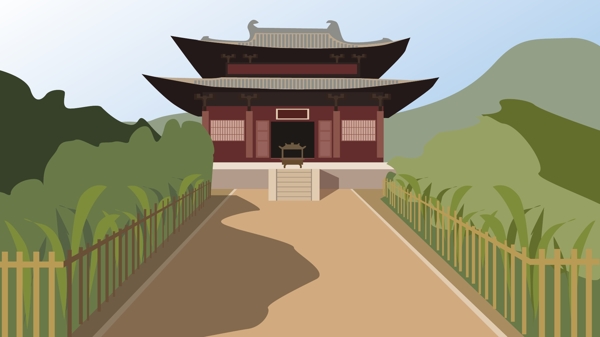 中国古建筑寺庙正殿矢量插画