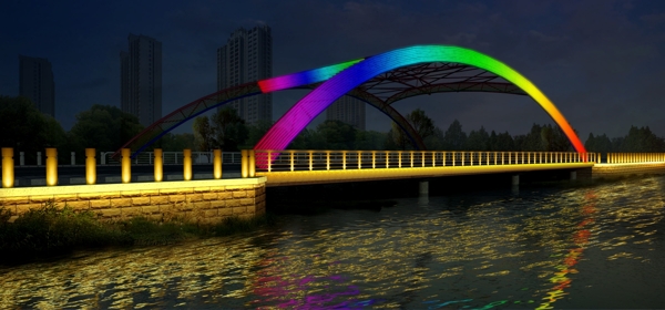 拱型钢构桥梁夜景效果图
