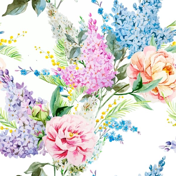 水彩丁香花與牡丹花矢量素材