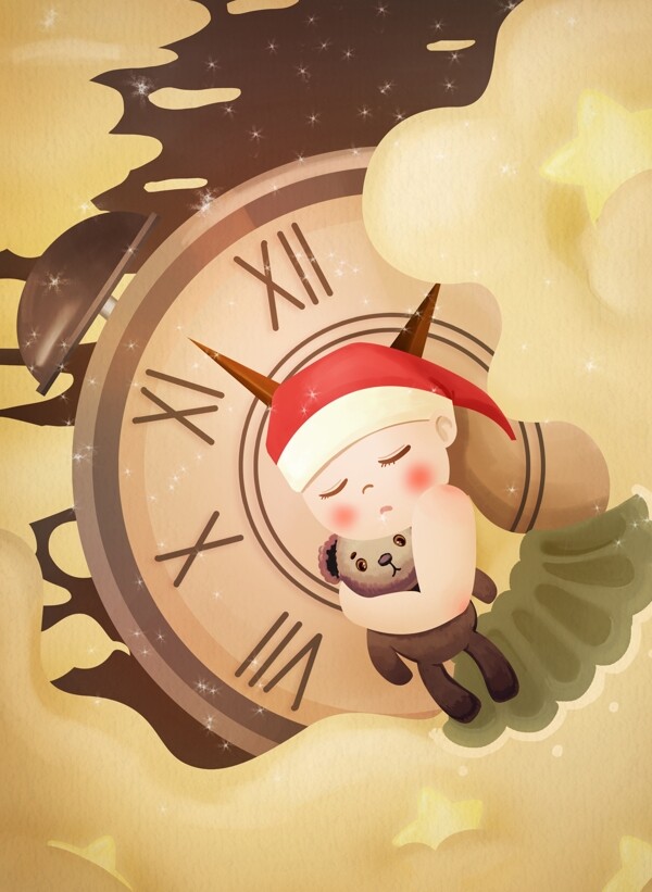 世界儿童日孩子依靠钟表睡着插画