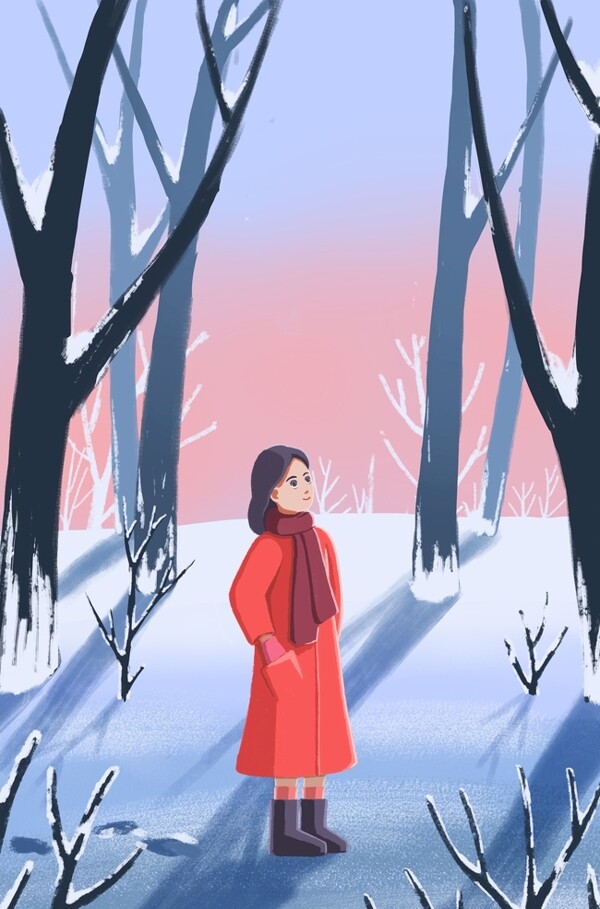 手绘立冬天冬季树林雪景女孩插画图片