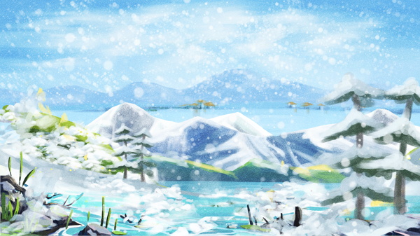 手绘蓝色远山河流大雪背景设计
