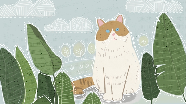 小清新萌宠系列芭蕉植物和一只肥猫插画