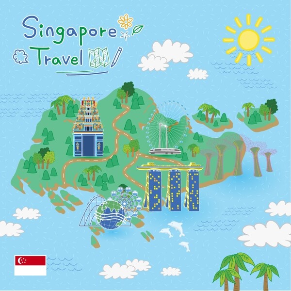 手绘矢量旅游新加坡景点地图圣淘沙海报背景