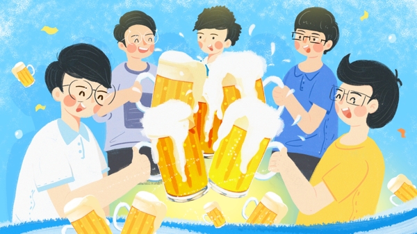 夏天暑假男孩喝啤酒畅饮图原创插画
