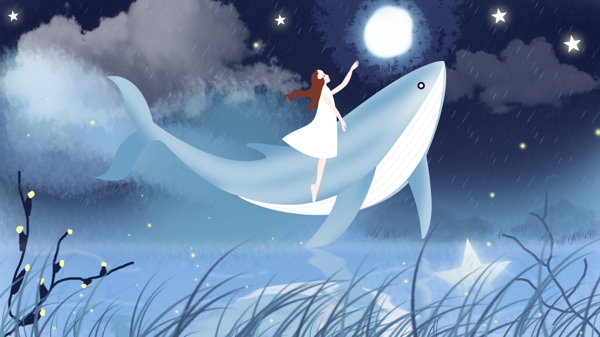 深海遇鲸及女孩欲摘月亮探索星空原创插画