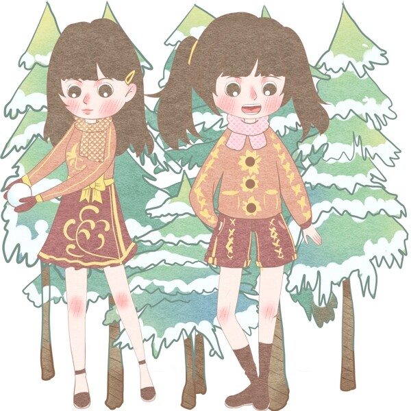 姐妹落雪玩雪球绿色松树卡通手绘