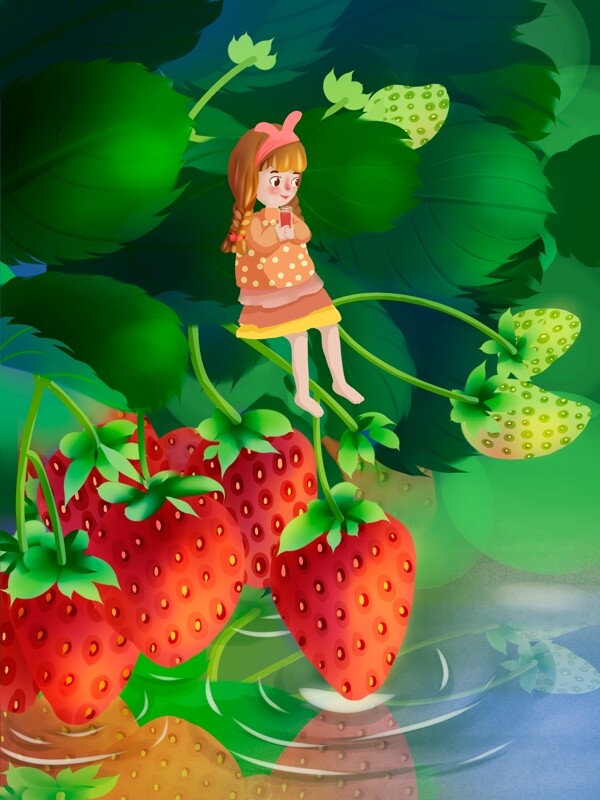 创意水果插画女孩坐在水边草莓叶子上喝果汁