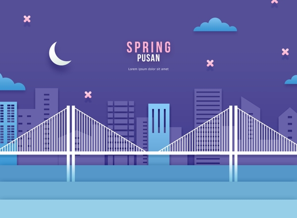 韩式紫色春天立体夜就建筑海报模板设计