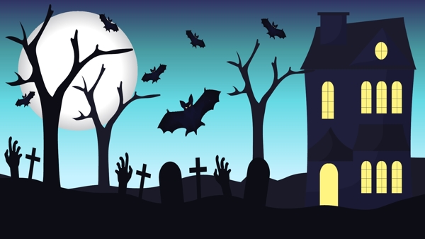 万圣节坟场上空的蝙蝠和鬼屋矢量插画