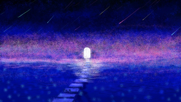 蓝色夜空下的小路远处的家卡通背景